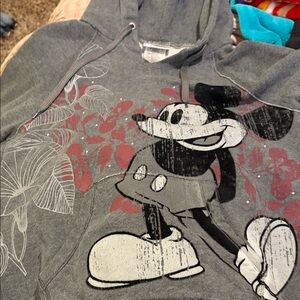 Disney Gray Kids Hoodie with Vintage Mickey and Red Floral Accents
